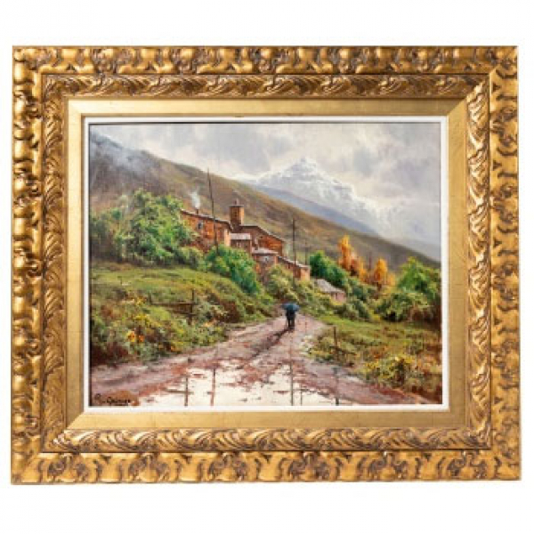 RICARDO  QUIROGA   (Barcelona 1959)  "Paisaje con personaje y casas ".  Firmado: R. Quiroga.  Óleo / Lienzo 