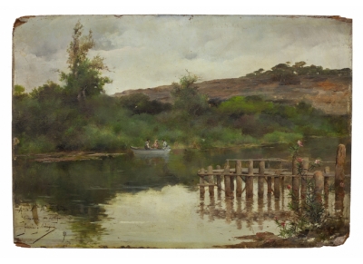 MANUEL GARCÍA Y RODRÍGUEZ (Sevilla, 1863-1925)  Paseo en barca a orillas del río, Sevilla 