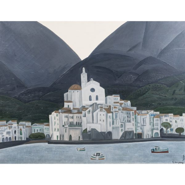 Shigeyoshi Koyama (Osaka, Japón, 1940)  Entre dos montañas.  Óleo sobre tela. Firmado. Titulado, firmado y localizado en Cadaqués al dorso.