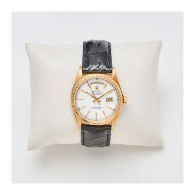 ROLEX. Oyster Perpetual Day-Date. Reloj de pulsera para caballero, c.1976. En oro y correa de piel no original. 