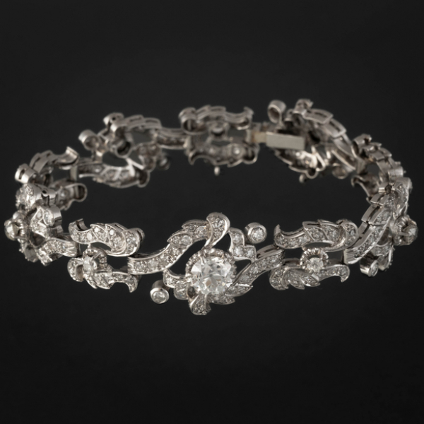 Pulsera de eslabones en oro blanco de 18kt con brillantes talla antigua.