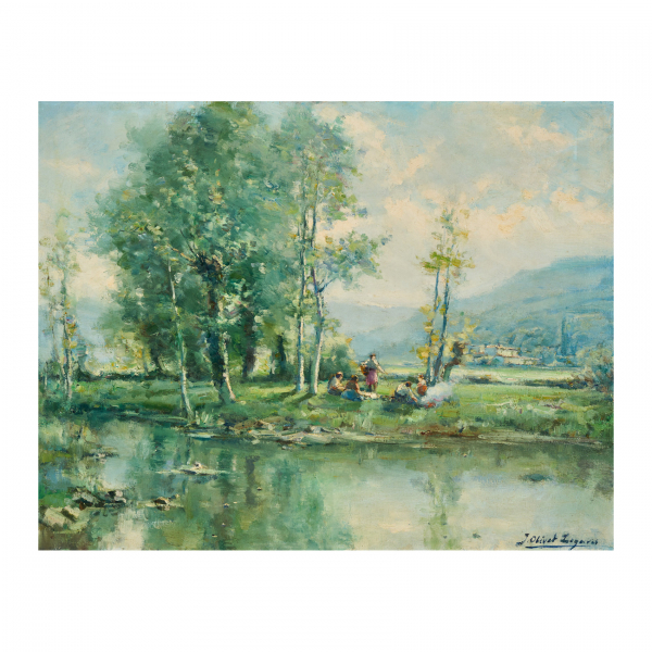 Josep Olivet Legarés (Olot, Girona, 1887-Barcelona, 1956) Paisaje fluvial con personajes. Óleo sobre tela. Firmado. Firmado al dorso.