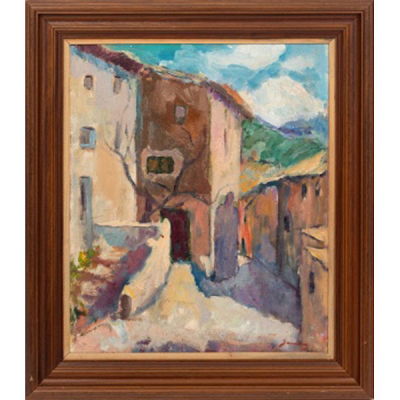 RAMON SANVICENS I MARFULL   (Barcelona 1917 - 1987)  &quot;Calle rural&quot;  Firmado: Sanvicens  Óleo / Táblex 
