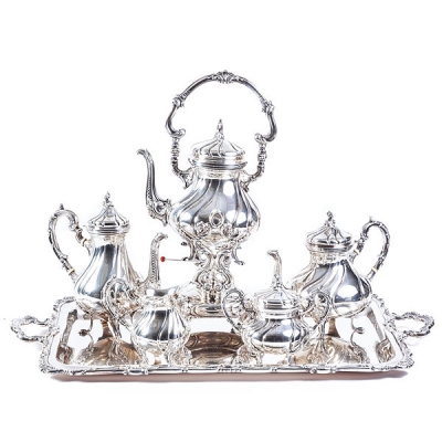 Juego de caf&eacute; y te de plata camuso