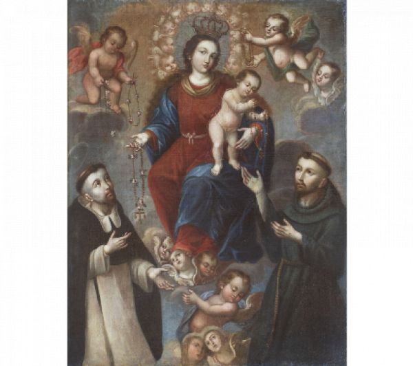 MIGUEL CABRERA (Oaxaca, 1710-Ciudad de M&eacute;xico, 1768).  Nuestra Se&ntilde;ora del Rosario con San Francisco y Santo Domingo de Guzm&aacute;n.   &Oacute;leo sobre lienzo.