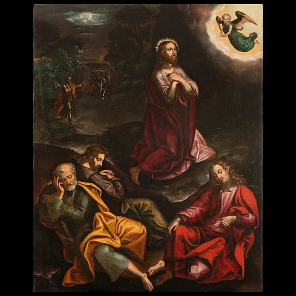 JUAN FERNANDEZ NAVARRETE (Logroño, c., 1538-Toledo, 1579), Gran óleo sobre tabla de Oración en el Huerto.