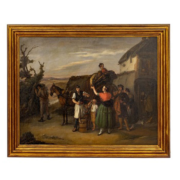 ESCUELA ESPAÑOLA  (Primera mitad S. XIX) "Paisaje con personajes reposando en el camino"