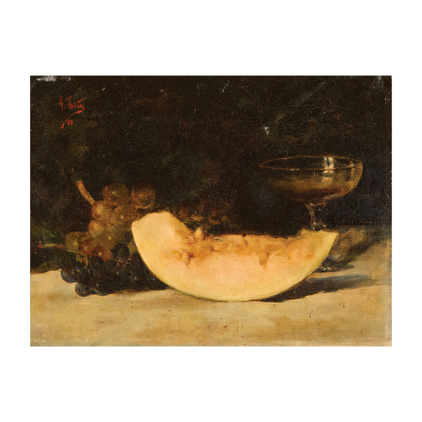 Antonio Fuster Forteza (Palma de Mallorca, 1853-1902) Bodegón con uvas y melón.  