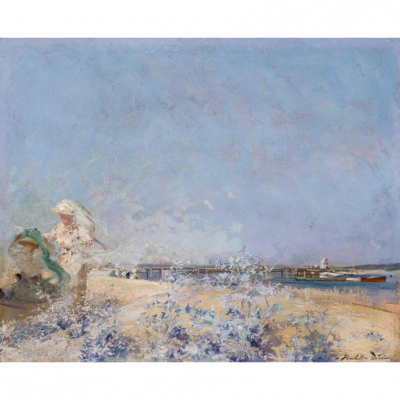 Francisco Pradilla Ortiz.   &quot;Escena de playa&quot;. Óleo sobre tabla. 