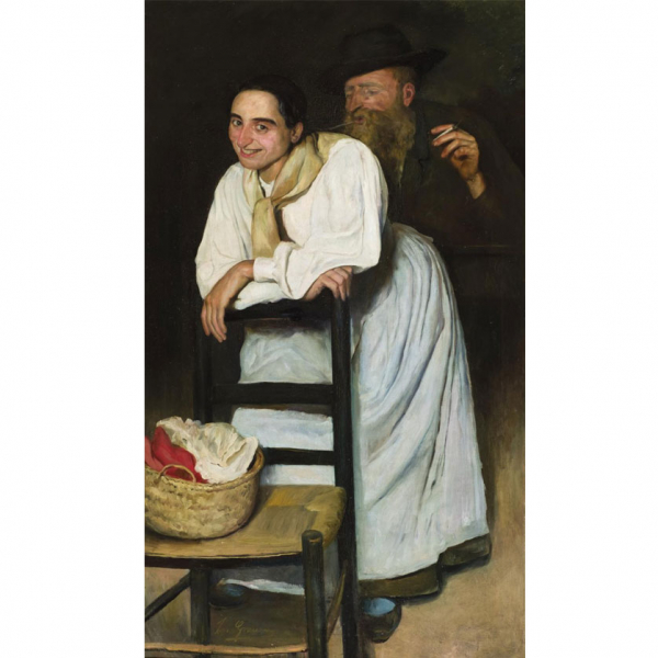 Luis Graner. "Picardías". Óleo sobre lienzo. Firmado en el ángulo inferior izquierdo.