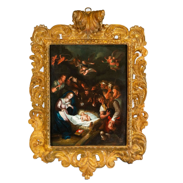 C&iacute;rculo de los Bassano del siglo XVII "Adoraci&oacute;n de Pastores". &Oacute;leo sobre tabla.