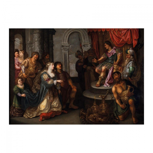 Círculo de Peter Van Lint (Amberes, 1609-1690) Esther ante el Rey Asuero. Óleo sobre tela.