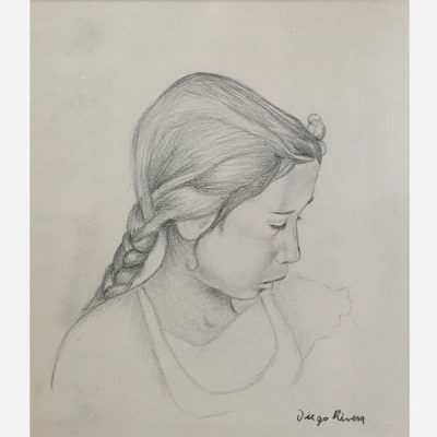 Diego Rivera (Guanajuato, 1886 - Ciudad de México, 1957).&quot;Retrato de niña&quot;. Dibujo a lápiz sobre papel firmado en el ángulo inferior derecho.