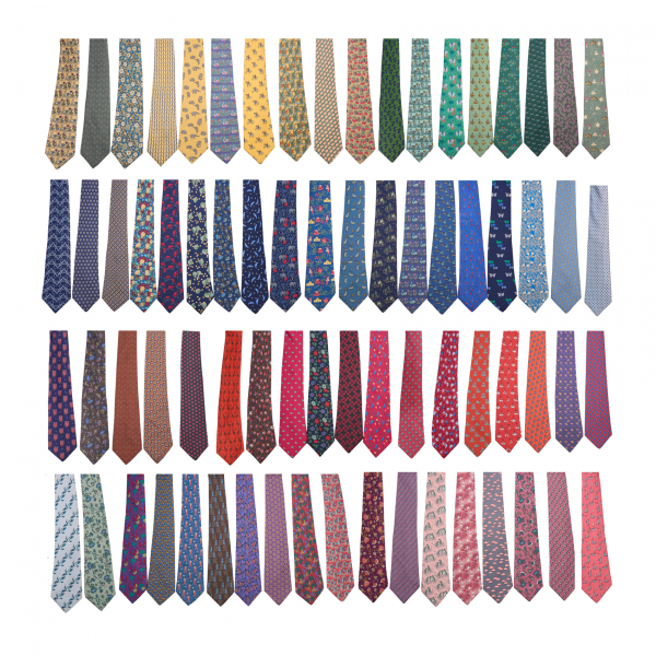 HERMÈS. Colección formada por setenta y tres corbatas Hermès en seda procedentes de la colección particular del presentador Joaquín Prat.