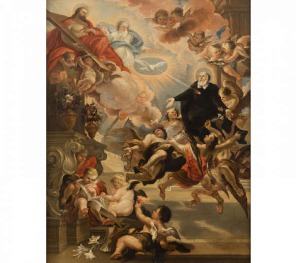JOSÉ JIMÉNEZ DONOSO, o XIMÉNEZ DONOSO (Consuegra, c. 1632 - Madrid, 1690).  La Apoteosis de San Felipe Neri. 1659.   Óleo sobre lienzo.