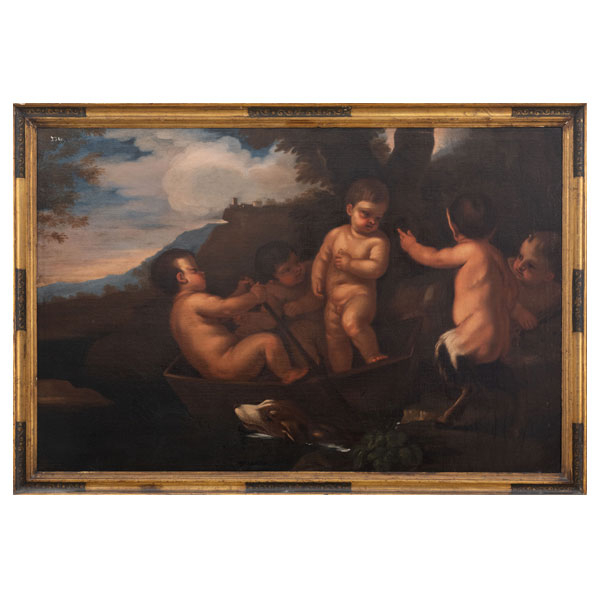 "Paisaje con puttis en barca con perro y faunos"  ALESSANDRO LEONE VAROTARI (Padua, 1588-Venecia, 1649).   