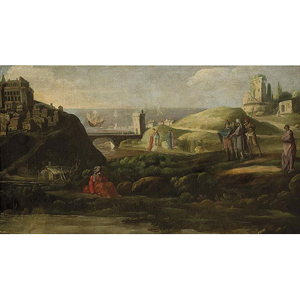 Escuela Europea S. XVII-XVIII.   "Vista de ciudad con puerto". Óleo sobre lienzo.