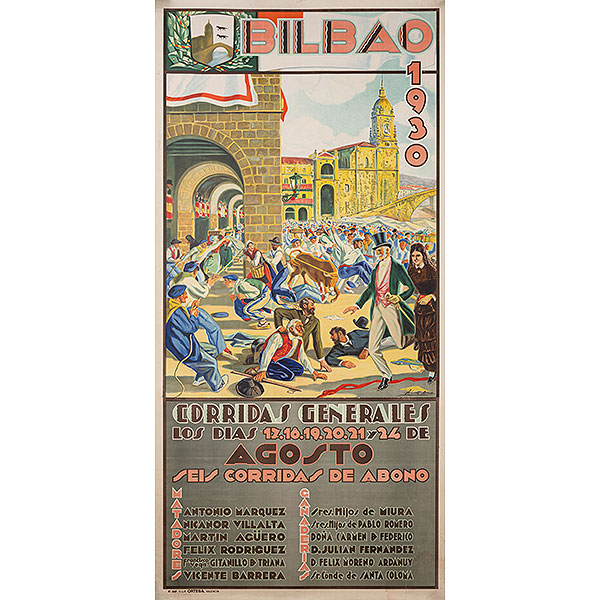 "Cartel Litográfico de la corrida general de la plaza de toros de 1930" ALBERTO ARRUE(Bilbao, 1878 -Llodio, 1944).   Impresión Ortega, Valencia. 