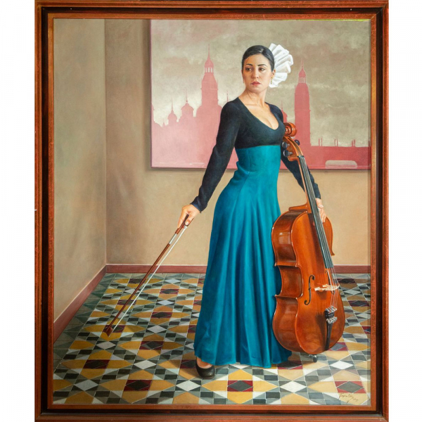 "Mujer con instrumento musical" Juan Carlos Espina Ortiz (España, siglo XX-XXI).    Óleo sobre lienzo