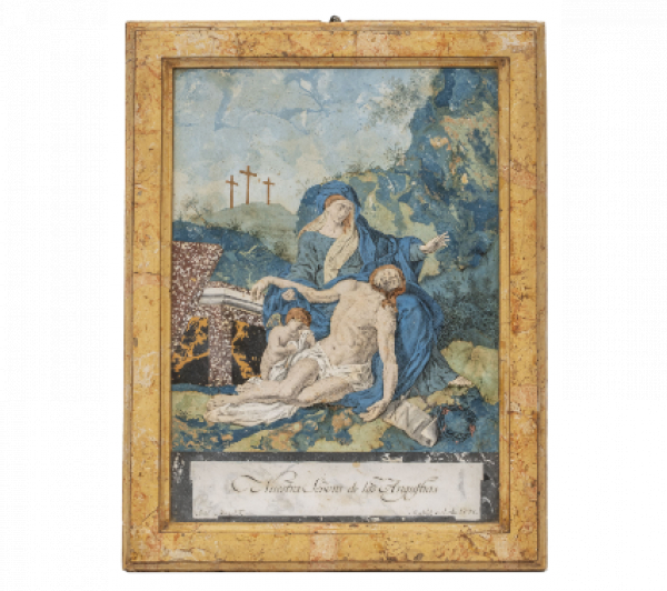 ANTONIO MARZAL EL MAYOR (Valencia, hacia 1750-Madrid, después de 1805-1807).  Nuestra Señora de las Angustias.  Escayola policromada sobre base de piedra ornamental. 