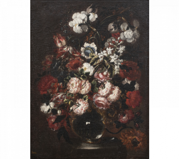 ATRIBUIDOS A GABRIEL DE LA CORTE (Madrid, 1648-1694)  Florero en un jarrón de cristal sobre un pedestal de piedra y Florero en un jarrón de bronce sobre un pedestal de piedra 