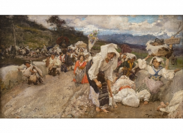 FRANCISCO PRADILLA Y ORTIZ (Villanueva de Gállego, Zaragoza, 1848 - Madrid, 1921)  Famosa peregrinación de a "Madonna del buon Consiglio".  Genazzo. Campiña romana   Óleo sobre lienzo 