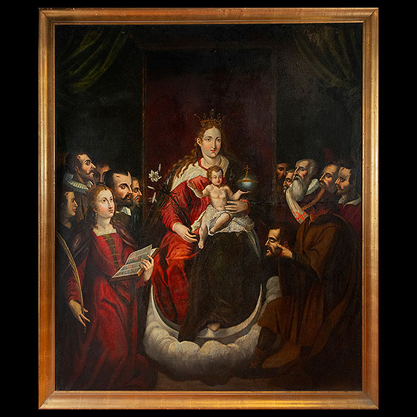 Escuela Colonial del siglo XVII - Virgen con el Ni&ntilde;o entronizado junto a M&aacute;rtires.