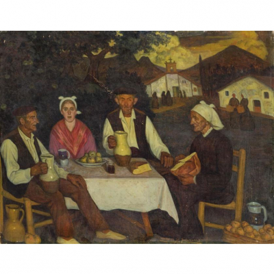 Valentín de Zubiaurre (1879 - 1963) &quot;Aldeanos vascos&quot;. Óleo sobre lienzo