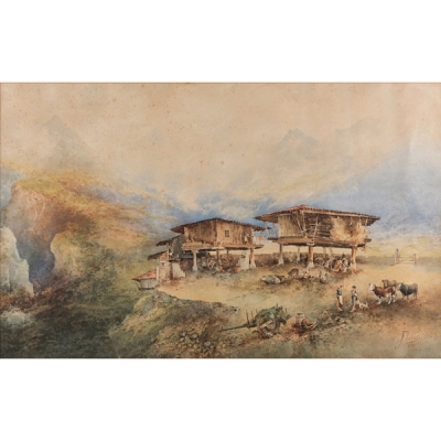 Eduardo Florez Ibañez (c.1870 - ?) &quot;Paisaje de Asturias con hórreos&quot;