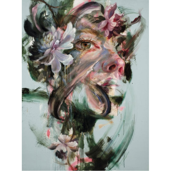 Valerio Eskat. "Florecer (2026)". &Oacute;leo sobre lienzo.  Firmado, titulado y fechado (2026) al dorso.