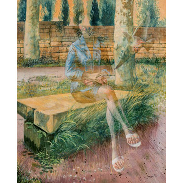 FERNANDO BEORLEGUI BEGUIRISTAIN (Campanas, Navarra 1928) "Dama con paloma en el jardín" Firmado: Beórlegui 91 Óleo / Lienzo