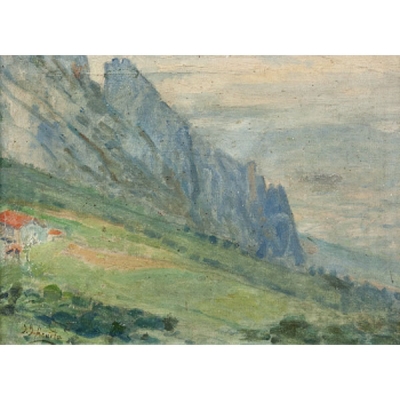 INOCENCIO GARCÍA ASARTA  (Gastiain, Navarra 1862 - Bilbao 1921) &quot;Paisaje vasco con montañas y caserío&quot;
