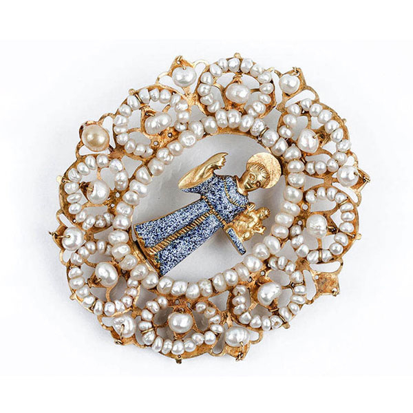 Colgante oval s XVIII-XIX con San Francisco y el Ni&ntilde;o, en oro esmaltado 