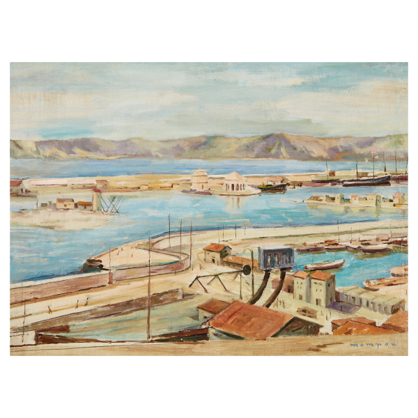 Josep Mompou i Dencausse (Barcelona, 1888-Vic, Barcelona, 1968) Puerto. &Oacute;leo sobre tela. Firmado.