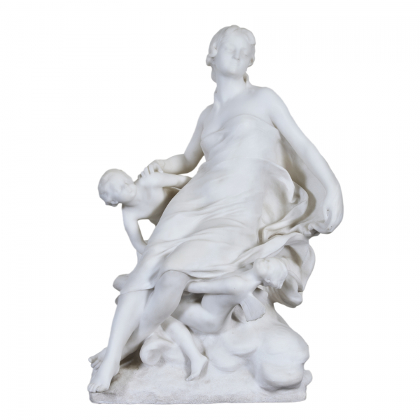 Atribuido a Raoul Larche (Saint-André-de-Cubzac, Francia, 1860-París, Francia, 1912).  Grupo alegórico.  Escultura en mármol blanco de Carrara. Firmada. 