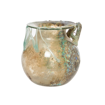 Jarr&oacute;n en vidrio irisado de forma globular con decoraci&oacute;n de filamentos, Roma, s.III-IV d.C.