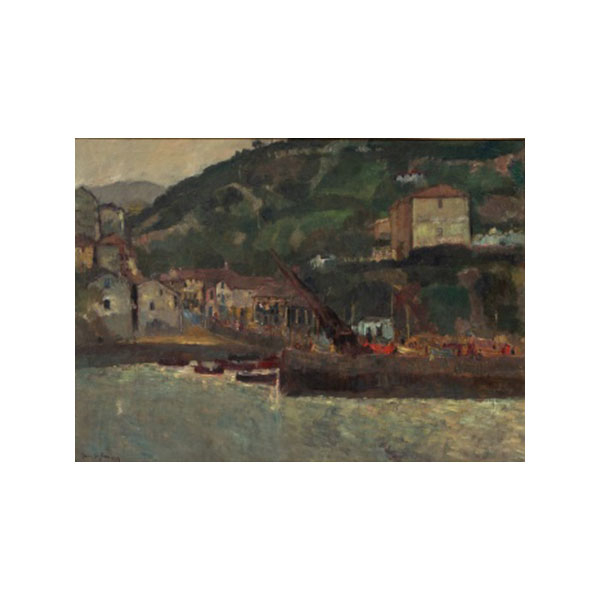 IÑAKI GARCÍA ERGÜÍN  (Bilbao 1934) "Vista de Ciérvana con barcas atracadas " Firmado 