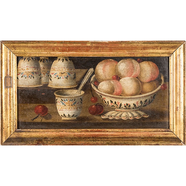 Escuela española, S.XVII "Bodegón de frutas y jícaras"