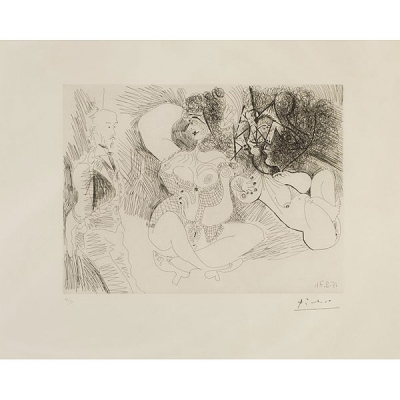 Pablo Ruiz Picasso. &quot;Degas y dos chicas, una de ellas transformándose en obra de arte (1971)&quot;. Aguafuerte 