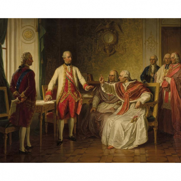 Franz Schams.   "Pío VI amonesta a José II de Austria". Óleo sobre lienzo. Firmado en el ángulo inferior derecho.