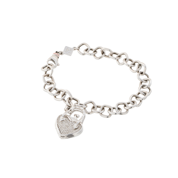 Pulsera de la firma Rosato en oro blanco con charm dise&ntilde;o bolso en forma de coraz&oacute;n 3 x 1,8 cm. con pav&eacute; de diamantes talla brillante.