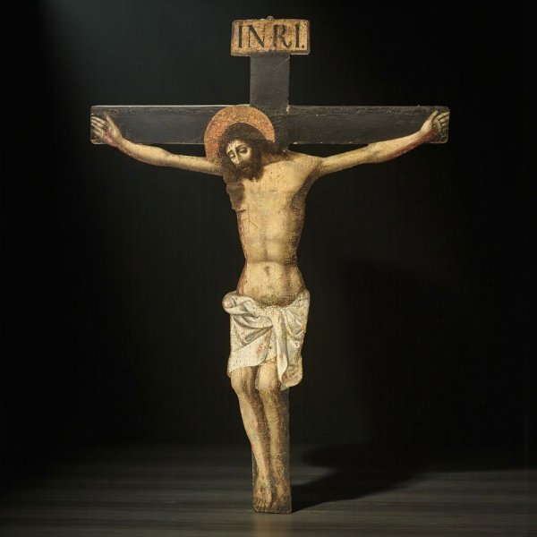 Monumental &quot;Croce Sagomata&quot; atribuido a PEDRO DE RAXIS (1555-1626). Granada, siglo XVI. Realizada en óleo y témpera dorada