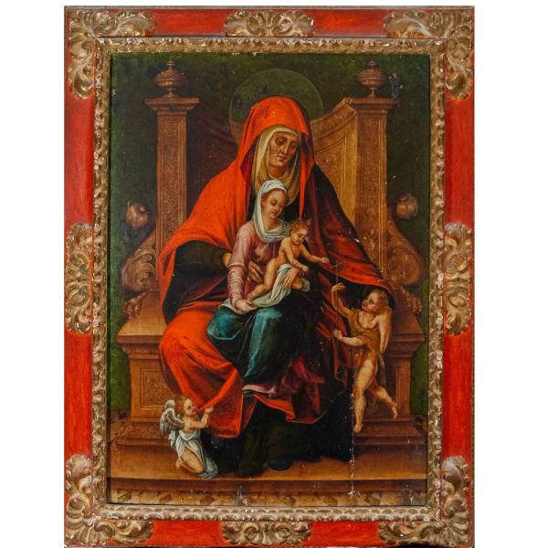 "Virgen con el Ni&ntilde;o y Santa Ana" Escuela Italiana, Siglo XV-XVI.    &Oacute;leo sobre tabla.