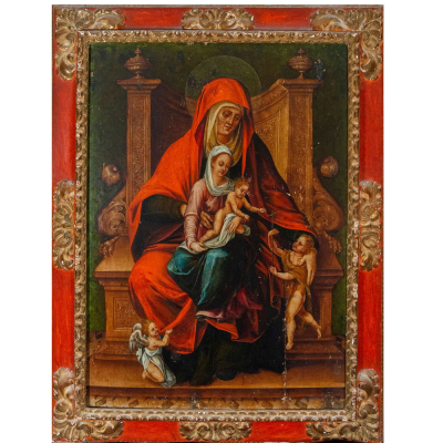 "Virgen con el Ni&ntilde;o y Santa Ana" Escuela Italiana, Siglo XV-XVI.    &Oacute;leo sobre tabla.