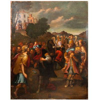 "Las Monedas de Judas". Firmado con anagrama L.G. Escuela Italiana. Siglo XVII.   &Oacute;leo sobre lienzo.