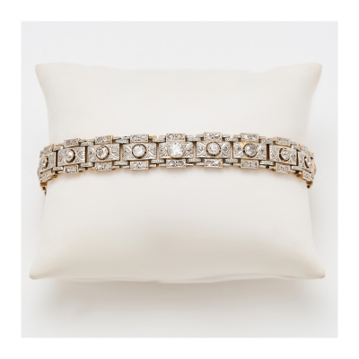 Pulsera Art Deco en oro y vistas en platino con diamantes tallas brillante antigua y rosa 3/3, c.1930.