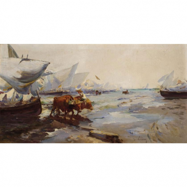 José Navarro Llorens.   "Bueyes en la orilla". Óleo sobre lienzo. Firmado en el ángulo inferior derecho.