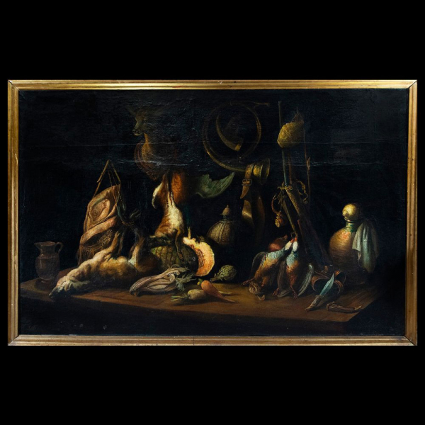 Escuela Flamenca del siglo XVII &quot;Gran Bodegon de caza con aves y frutas&quot;.    Óleo sobre lienzo.