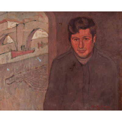 I&Ntilde;AKI ALVAREZ ANGULO   (Gald&aacute;cano, Vizcaya 1960)  "Txo con Ondarroa al fondo"  Firmado: I&ntilde;aki Alvarez 14-4-72  &Oacute;leo / Lienzo 