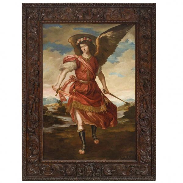 Escuela Madrileña S. XVII.   "Arcángel Uriel". Óleo sobre lienzo.